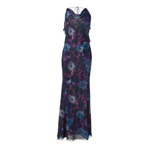 Rotate Purple Watercolor Chiffon Slip Maxi Dress SIZE 2 Ruffle Cowl Party $430 - Picture 4 of 15